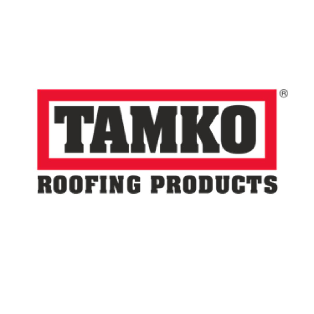 A red and black logo for tamko roofing products.